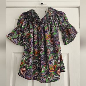 Joyce Paisley Print Smocked Off Shoulder Top Sz Sm